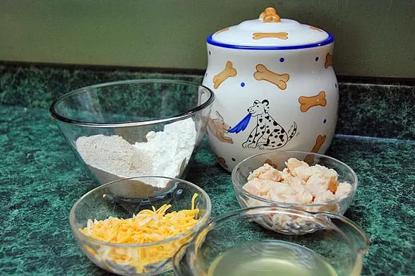 chicken and cheese dog treat ingredients on countertop