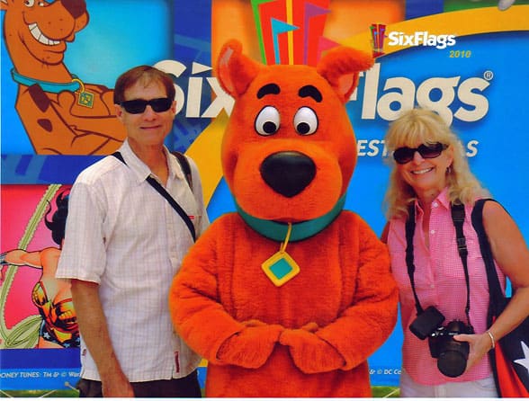 authors with Scooby Doo mascot at Six Flags Fiesta Texas