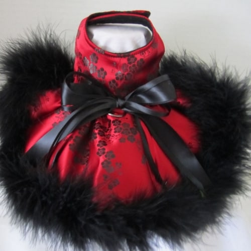 DogTipper-red_brocade_marabou_boa_dress