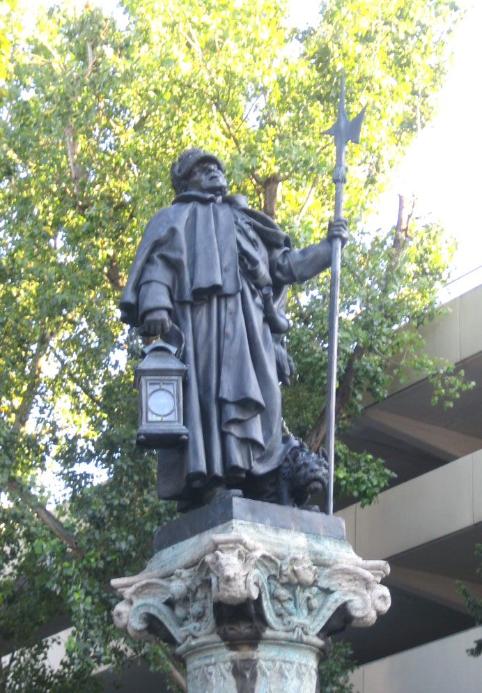 La estatua del Vigilante Nocturno, Nachtwächterbrunnen en Stuttgart, Halmhuber/Fremd 1899