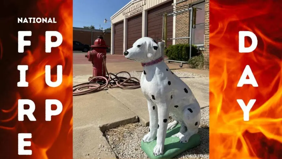 image of Dalmatian statue in front of fire station for National Fire Pup Day