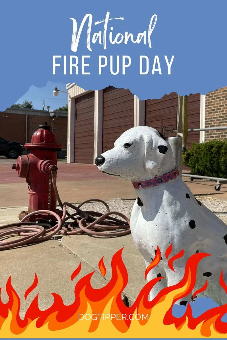 National Fire Pup Day image of Dalmatian statue in front of Hallettsville, Texas fire station