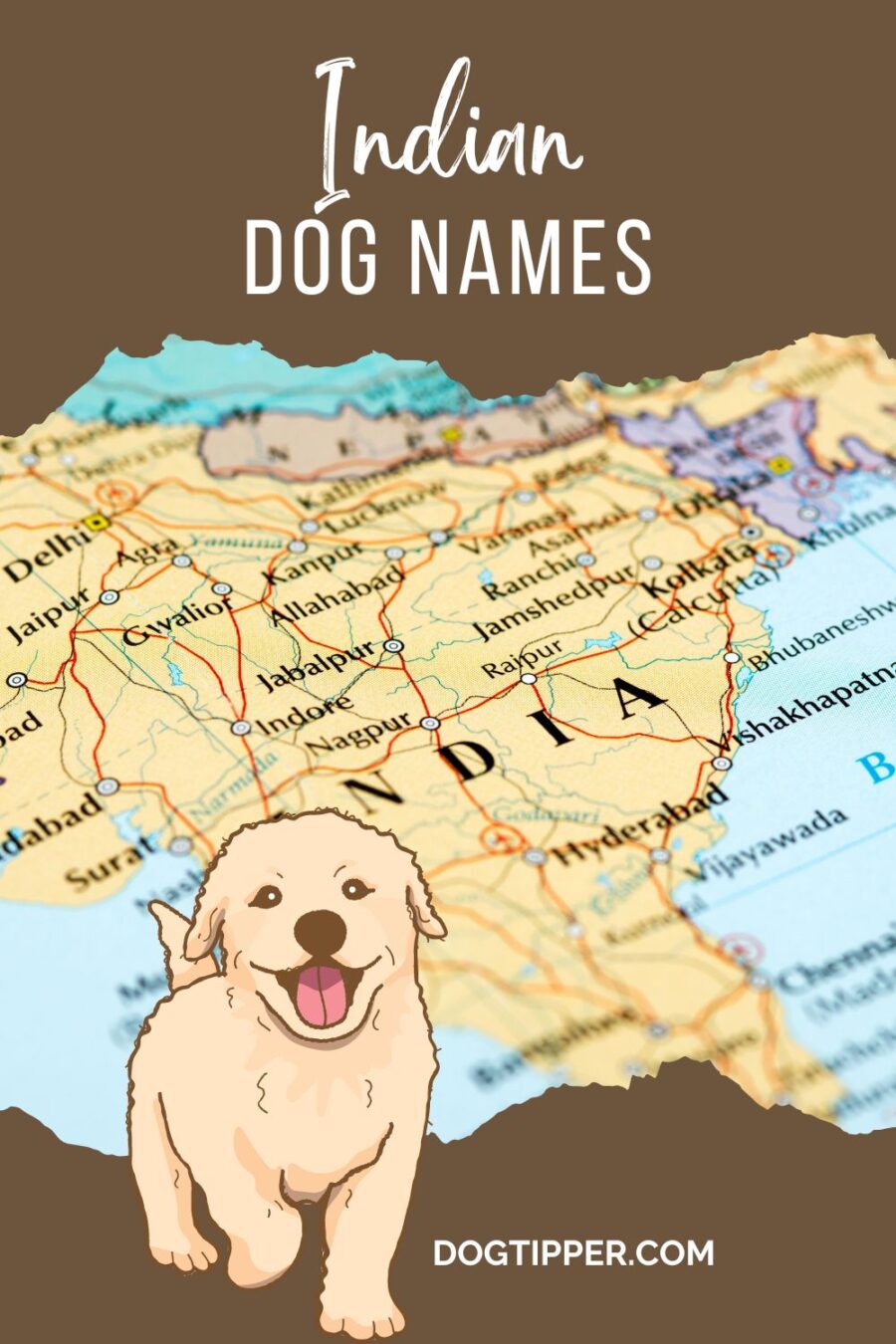 Indian dog names -- graphic of dog against background of map of India
