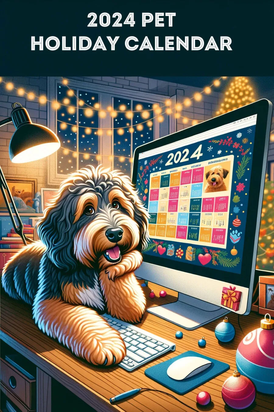 illustration of Aussiedoodle in front of computer screen with 2024 calendar on screen