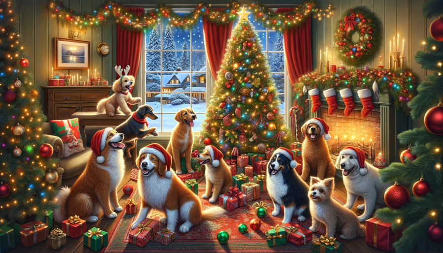 illustration of dogs around a Christmas tree with snowy scene in background.