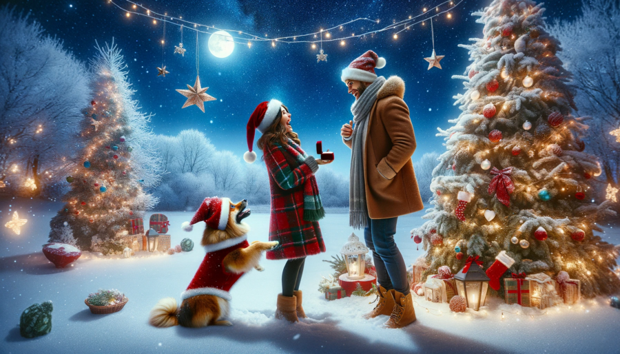 A romantic winter scene depicting a marriage proposal, incorporating a dog in a unique way. The scene is set in a snowy landscape under a starlit sky, with holiday decorations like Christmas lights and festive ornaments adding to the charm. The dog, wearing a cute Santa hat, is playfully carrying a small ring box in its mouth, approaching a surprised couple who are standing near a beautifully decorated Christmas tree. The couple is dressed warmly in holiday-themed colors, expressing joy and love. The overall atmosphere is magical and heartwarming, perfect for a holiday proposal.