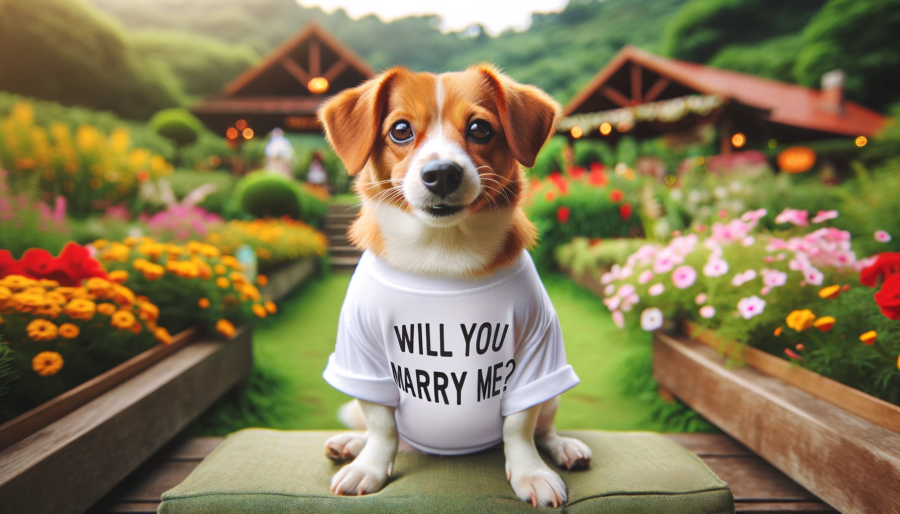 A cute dog wearing a t-shirt with the words 