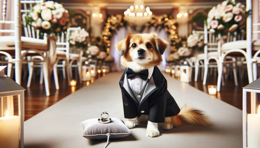 A beautifully dressed dog acting as a ring bearer at a wedding. The scene is set in an elegantly decorated wedding venue, with the dog in the center of the aisle, wearing a small, sophisticated tuxedo or formal vest, designed specifically for dogs. Attached to the dog's collar or vest is a small, secure pouch or a cushion carrying the wedding rings. The wedding setting is adorned with floral arrangements and soft, romantic lighting, creating an enchanting and elegant atmosphere. The dog looks proud and excited, adding a touch of charm and personality to the special day.