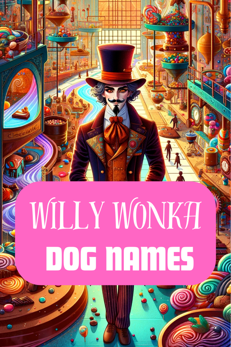 illustration of Willy Wonka with chocolate factory in background and words Willy Wonka dog names in foreground