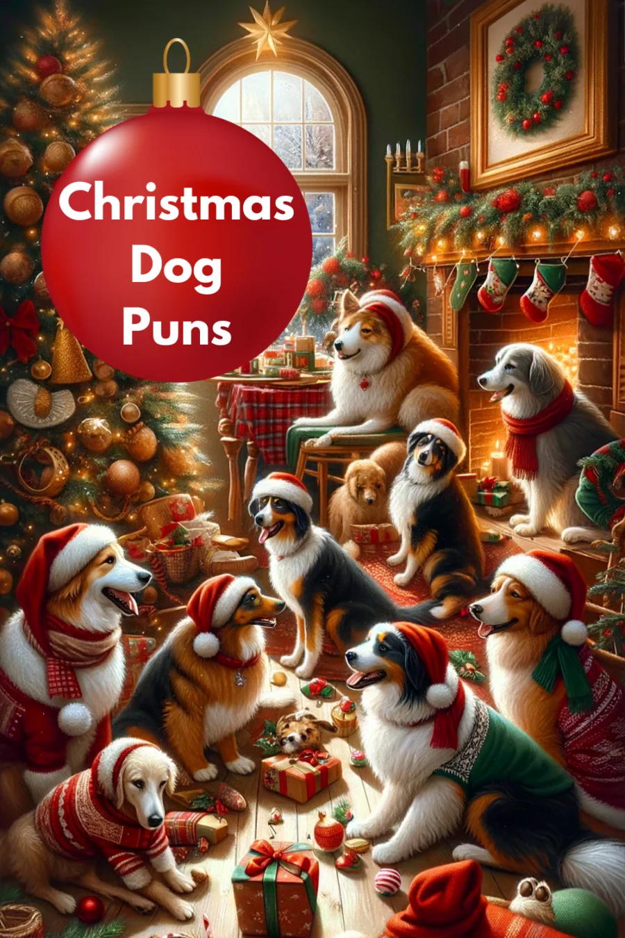 illustration of dogs around a Christmas tree with stockings hung by fireplace. Words 