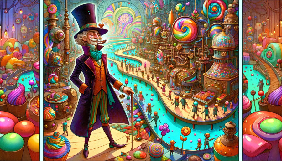 illustration of Willy Wonka looking over the chocolate factory