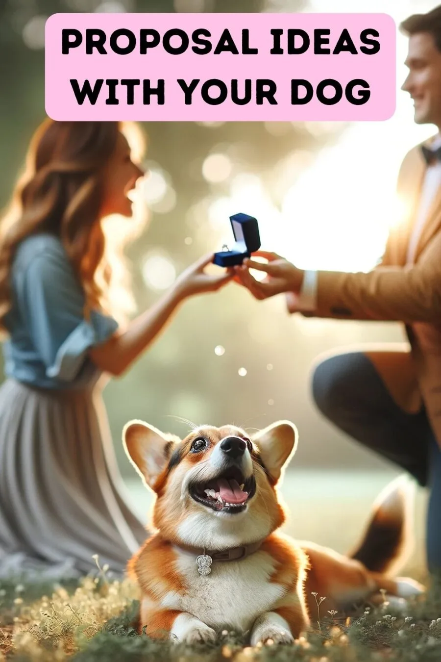 A heartwarming scene for a Pinterest pin, sized 1000x1500 pixels, showcasing a dog participating in a marriage proposal. The setting is a romantic outdoor location, with a soft, natural light enhancing the mood. The dog, a lovable and cute breed such as a Corgi or a Beagle, is gently holding a small box in its mouth, which contains a sparkling wedding ring. The focus of the image is on the dog, positioned in the foreground, with an excited and joyful expression, emphasizing its role in this tender moment. The background subtly hints at a couple in the middle of a proposal, with one person kneeling, capturing the essence of love and the unique bond between humans and their pets in this special life event.