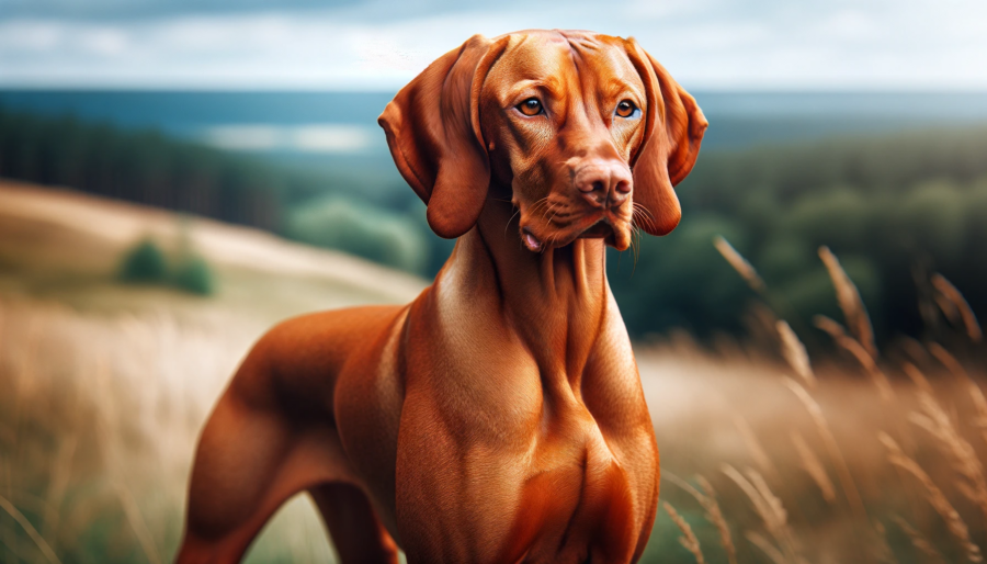 A high-quality, vibrant photograph of a Vizsla dog. The dog is standing in a natural outdoor setting, showcasing its lean body, short golden-rust coat, and athletic build. The Vizsla's friendly and alert expression is captured, with its ears perked up and eyes full of intelligence. The background is a scenic landscape  which complements the Vizsla's elegant and noble appearance. 