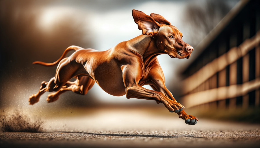 A dynamic, high-quality photograph of a Vizsla dog running. The image captures the Vizsla in full stride, showcasing its athletic build and graceful agility. The dog's lean, muscular body and short golden-rust coat are in motion, with legs extended and ears flapping. The background is a blur of a natural outdoor setting.