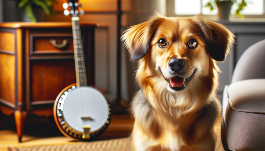 A high-quality, vibrant photo of a dog sitting in the foreground, with a banjo placed in the background. The dog is of a medium-sized breed, looking happy and relaxed. The scene is set in a cozy, well-lit room with soft lighting that highlights the dog and the banjo. The banjo is leaning against furniture.