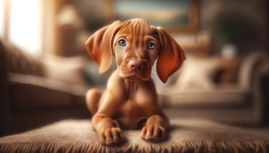 A high-quality, adorable photograph of a Vizsla puppy. The puppy is captured in a playful pose, showcasing its soft, golden-rust fur and youthful, energetic spirit. The Vizsla puppy's bright, curious eyes and floppy ears are prominently featured, reflecting its playful and loving nature. The background is a cozy indoor setting with soft, warm lighting that enhances the puppy's youthful charm. 