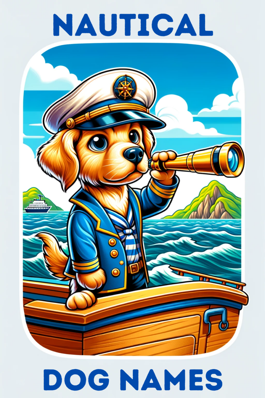 cartoon of golden retriever wearing nautical cap and holding scope while standing in a boat
