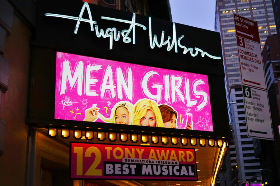 NEW YORK CITY -5 MAY 2018- Night view of the August Wilson Theater showing Tina Fey's Mean Girls musical on Broadway in Manhattan. Mean Girls received 12 Tony Award nominations.