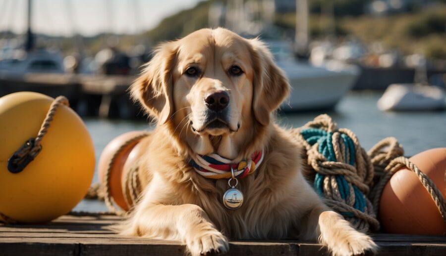golden retriever lying on a dock with small boats in background