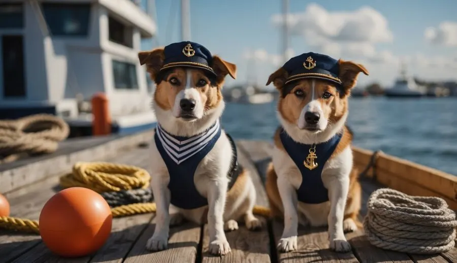 two dogs wearing nautical caps and harnesses sitting on dock