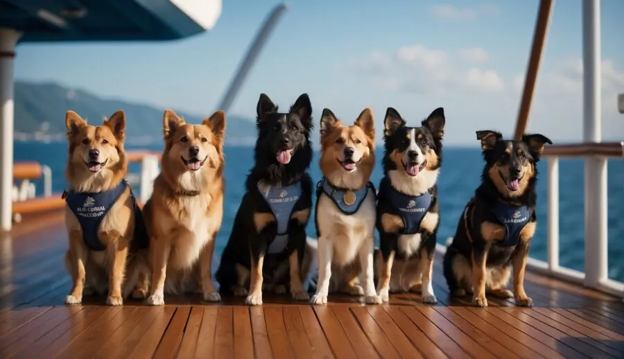 group of shepherds sitting on dock of ship